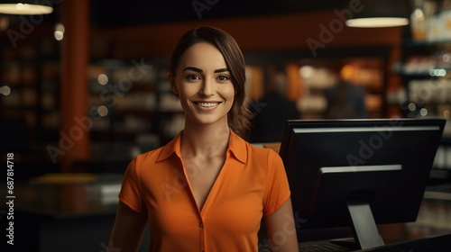 young and attractive saleswoman, cashier serving customers. Service work with women