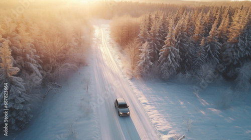 Snowy winter landscape with a car on the road. Car on the road in the winter forest at sunset. Car travel concept. Aerial view of winter forest and road at sunset. Beautiful winter landscape. travel