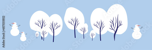 A snowy park trees. People make snowman and sledding in forest. Concept of active recreation. Happy winter holidays. Vector