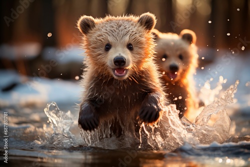AI generated illustration of two playful brown bears frolicking in a shallow lake