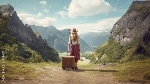 Woman with suitcase on path through verdant mountain pass. Generative AI
