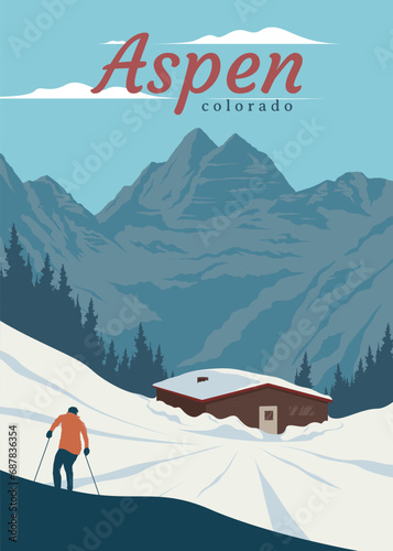 aspen colorado travel poster vintage design, aspen winter landscape illustration design