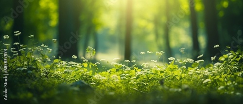 Summer Beautiful spring perfect natural landscape background, Defocused green trees in forest with wild grass and sun beams. create using a generative AI tool 