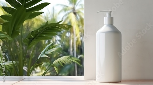 Natural Cosmetic product presentation. Ourdoors garden placement. White blank Jar shampoo bottle.