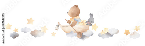 Cute bear and bunny in a wooden boat among the clouds. Travelers in the clouds. Watercolor illustration. Vintage style. Fabulous adventure. Horizontal banner.