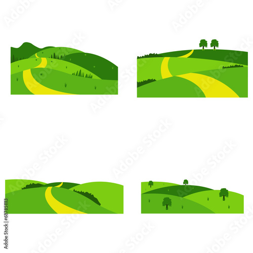 Field Green Hills Illustration Set. Isolated On White Background. Vector Icon. 