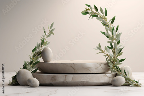 Stone Podium with Olive Branches. Natural Organic Spa Concept