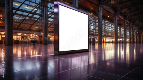 Empty advertising billboard at a modern airport interior. Marketing and travel concept. Generative AI