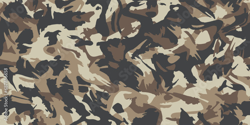 Brown beige camouflage seamless grunge pattern. Modern urban camo texture, fashionable fabric. Desert masking color. Stock vector illustration