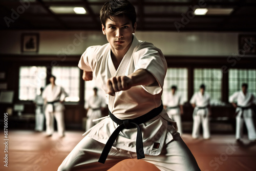 karate asian martial art training in a dojo hall. young man wearing white kimono and black belt