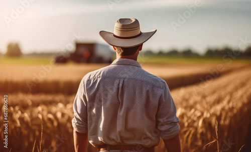 Farmer is wearing a hat in a wheat field, back view. person in the field, a man in the farmhouse