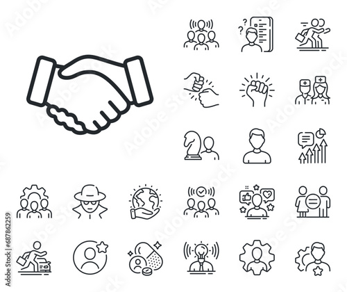 Hand gesture sign. Specialist, doctor and job competition outline icons. Handshake line icon. Business deal palm symbol. Handshake line sign. Avatar placeholder, spy headshot icon. Vector