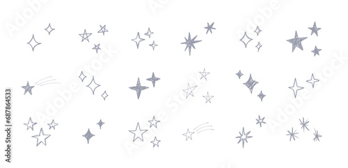 シンプルでお洒落な手描きのきらきら 装飾イラストセット 星 輝き 落書き