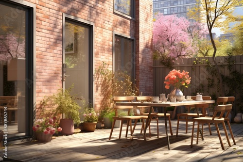 On a deck attached to an urban red brick house, a table and chairs are bathed in sunlight, creating a charming and inviting outdoor space with a touch of rustic elegance. Photorealistic illustration