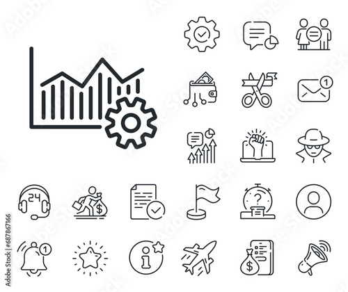 Cogwheel sign. Salaryman, gender equality and alert bell outline icons. Operational excellence line icon. Operational excellence line sign. Spy or profile placeholder icon. Vector