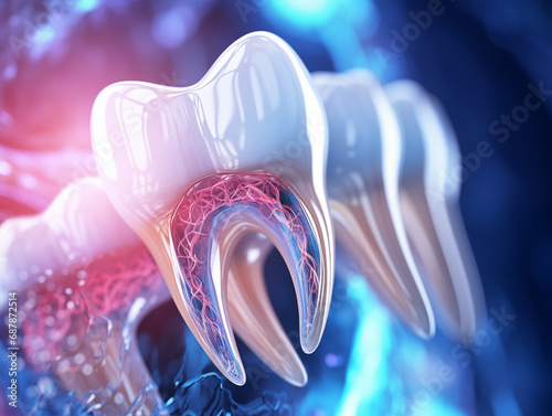 Futuristic teeth with anatomy detailed view. Concept of new technologies in endodontic treatment. Generative AI.