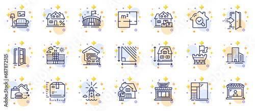 Outline set of Food delivery, Delivery man and Shield line icons for web app. Include Buildings, Hotel, Mortgage pictogram icons. Cupboard, Triangle area, Floor plan signs. Shop. Vector
