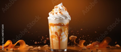 Caramel frappuccino with whipped cream on fire-themed backdrop. Creative food presentation.