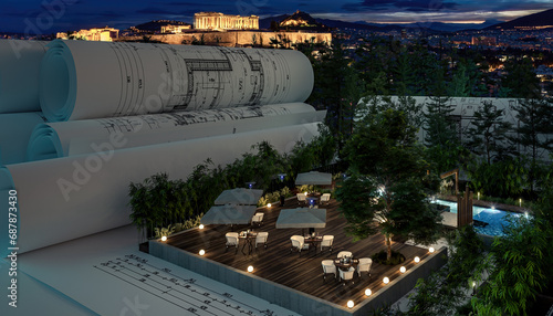 Draft of an Outdoor Patio Restaurant Illuminated by Acropolis of Athens - 3D Visualization