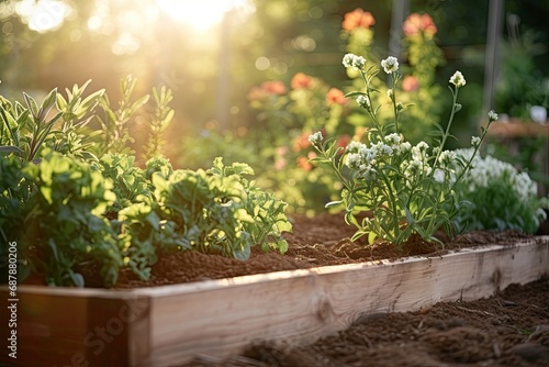Vibrant organic vegetable garden in a raised bed, flourishing with fresh, homegrown produce.