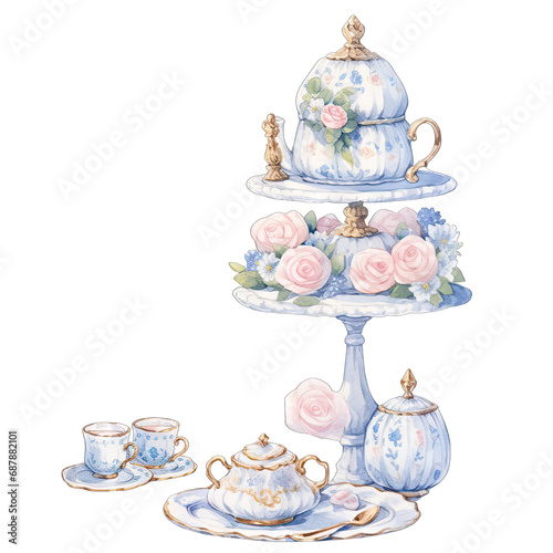 Spring afternoon tea party table Decorated with blue and pink flowers