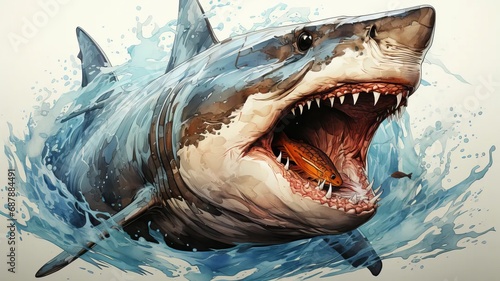 Watercolor illustration of a shark with its mouth open