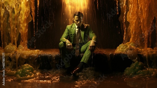 AI generated illustration of a sinful man in a green suit in the rain