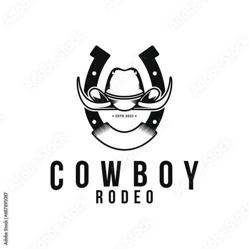 Vintage retro style cowboy hat rodeo logo design with horseshoe