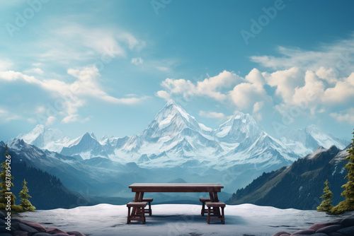 bench in the mountains, The empty wooden brown table top with blur background of Mount Cook landscape. Exuberant image. 