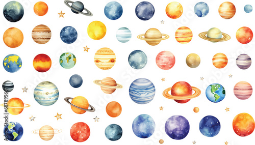 Watercolor vector illustration planet galaxy universe solar system stars set clipart sketch Mercury Venus Earth Mars Jupiter Saturn Uranus Neptune transparent background generative AI