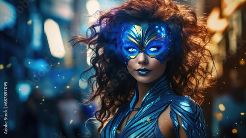 Beautiful, young woman in superhero costume and mask. princess warrior, leader, winning businesswoman.