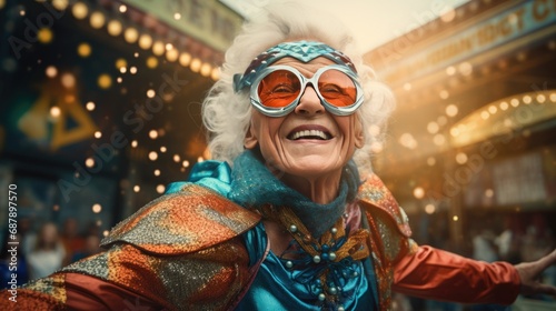An elderly woman in a superhero costume on a street in front of a lighted garland with a funny mask on her face