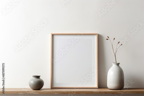 Vertical frame mock up for art on a wooden shelf against a white wall with vases 