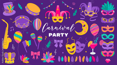 Mardi Gras design collection. French traditional symbols - carnival masks, party decorations, feathers, musical instruments. Vector illustrations isolated on a white background.