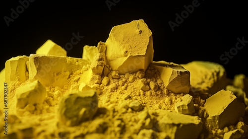 Uranium Yellowcake Rocks and Powder Against Dark Background