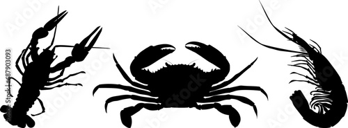 Crustaceans. Collection of sea animals. Crayfish, crabs, shrimp. Illustration on a transparent background. Vector. Silhouette