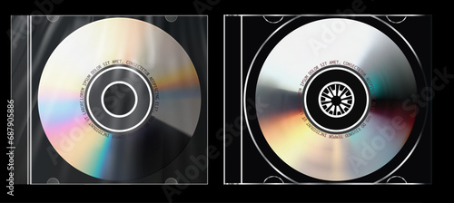 Sleek Modern Vinyl Record Design with Reflective Rainbow Surface and Central Emblem. Super jewel case with cd inside mockup cd. Vector illustration