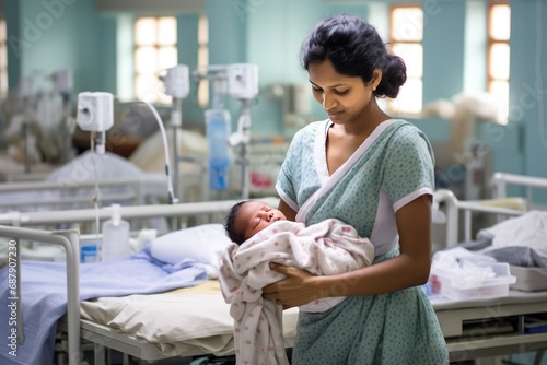 Indian Mother With Newborn In Hospital Ward Bonding