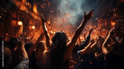 Close view on the back of a woman in euphoria into a street crowd in jubilation to celebrate a very happy event with white smoke and orange sparkle in blurry background