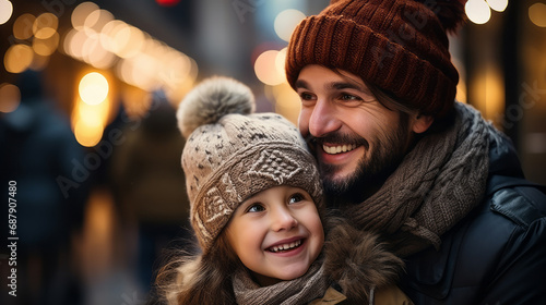 Close-up Portrait of an happy daddy with his young smiling daughter with bobble caps and scarfs with a blurry night street with lights in background