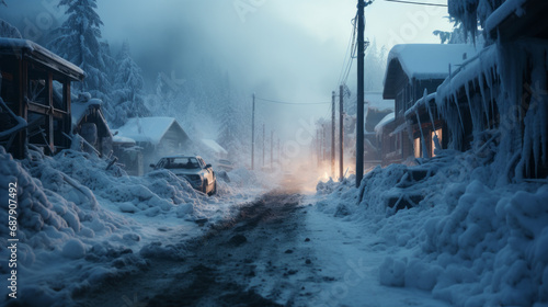 Iced and snowy partly deserted small town with remains and a wild fire along the empty main street with a deep fog