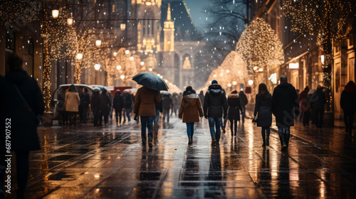 Street in old north european style with crowd under rain with many luminous Christmas decorations along shops and trees in evening with a blurry church in background
