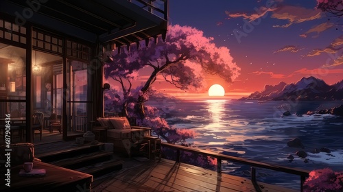 Japanese House Interior. Anime-Inspired Artstyle Meets Cozy Lofi Asian Architecture with Serene Sea Water Views