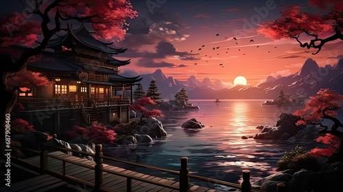 Japanese House Interior. Anime-Inspired Artstyle Meets Cozy Lofi Asian Architecture with Serene Sea Water Views
