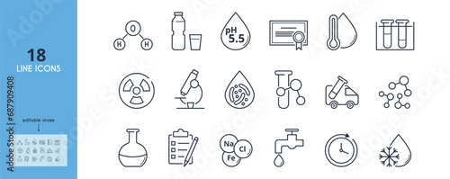 Water quality testing laboratory line icons set. Molecule, freezing point, bacterial, heavy metals, pollution, purification, certification, compliance vector illustration