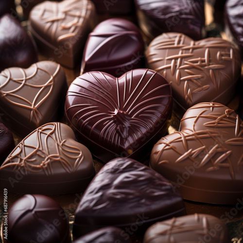 Fotografia con detalle y textura de varios bombones de chocolate con forma de corazon