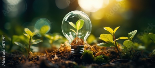 Green energy saving concept. electric lightbulb contains green plant with sunlight.