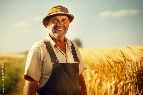 Smiling farmer man in a field. Agriculture. Wheat fields.