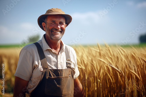 Smiling farmer man in a field. Agriculture. Cornfield. Wheat fields.