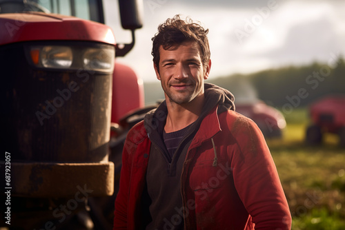 Smiling farmer man in a field with a tractor.. Agriculture.